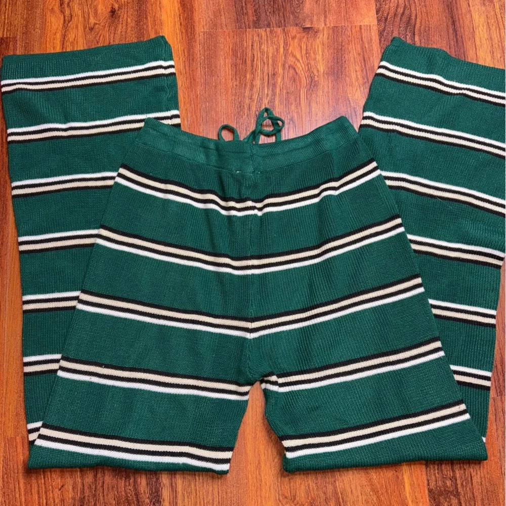 Striped Green Women's Comfort Lounge Wide Leg Pants - Picture 5 of 6